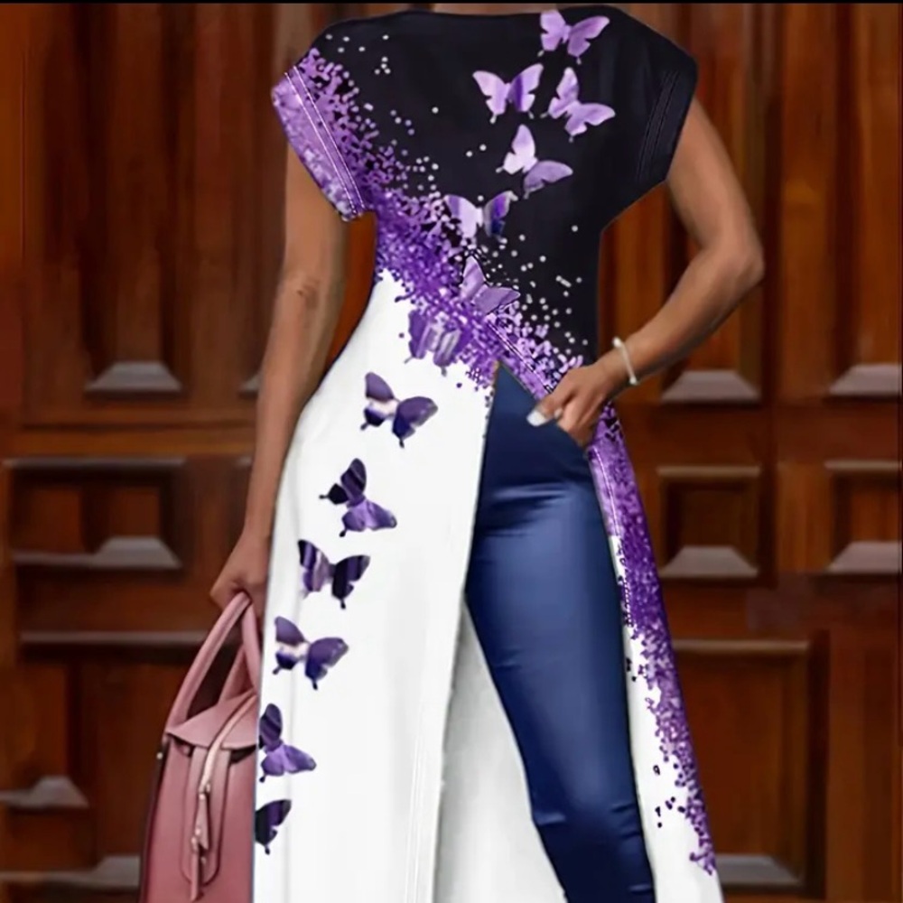 Butterfly print purple color tunic vintage shirt sleeve high slit